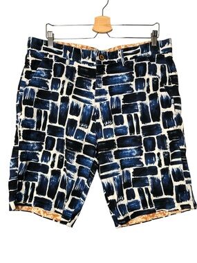 Robert Graham Short Brick Print Shorts Blue White Cotton Blend Men's Waist 36